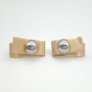 Vintage 80s Gold Sculptural Earrings | Silver Dome Accent | Post Back Statement